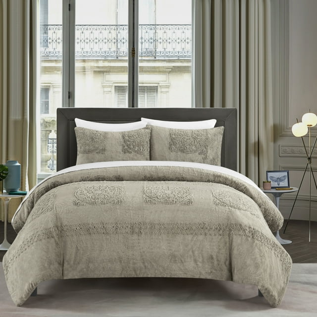 Amora 3 or 2 Piece Comforter Set Embossed Mandala Pattern Faux Fur
