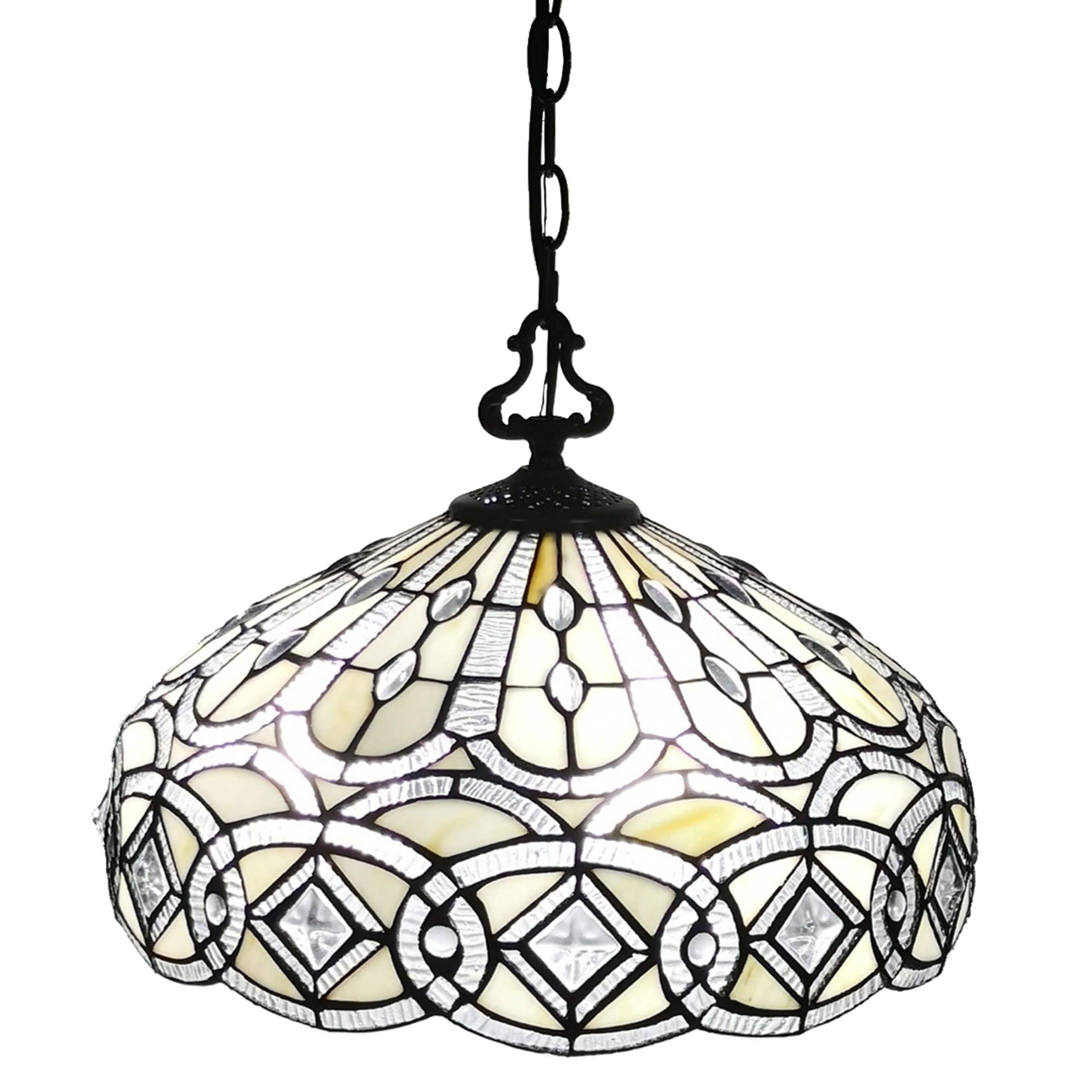 16" White and Brown Stained Glass Tiffany Style Hanging Lamp