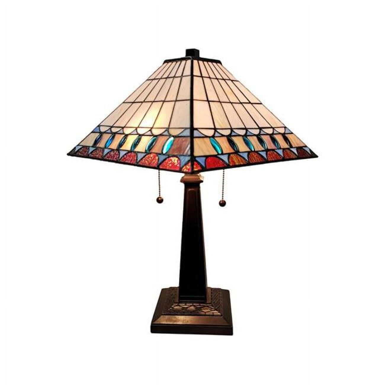 Amora White and Multicolor Stained Glass Table Lamp with Mahogany Base
