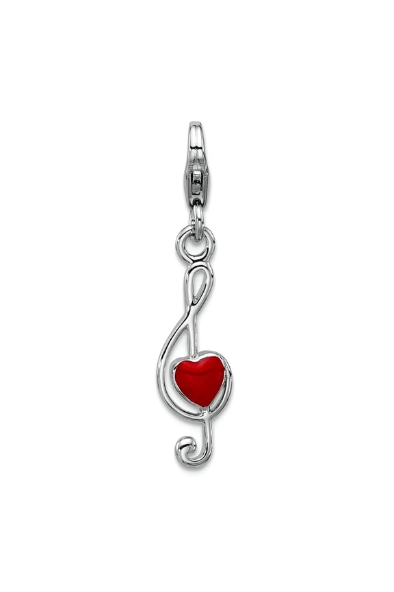 Amore La Vita Rhodium Plated Enamel Red Love Heart 3-d Musical Note Charm 31.5x7mm Wide Pendant Necklace for Women