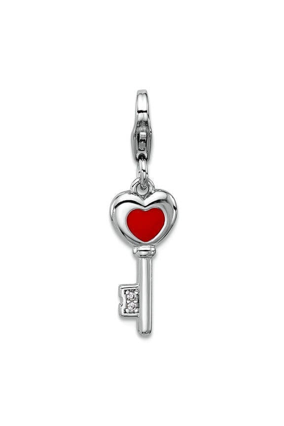 Amore La Vita Rhodium Plated Enameled 3-d Cubic Zirconia and Red Love Heart Key Charm 27.3x7.75mm Wide Pendant Necklace