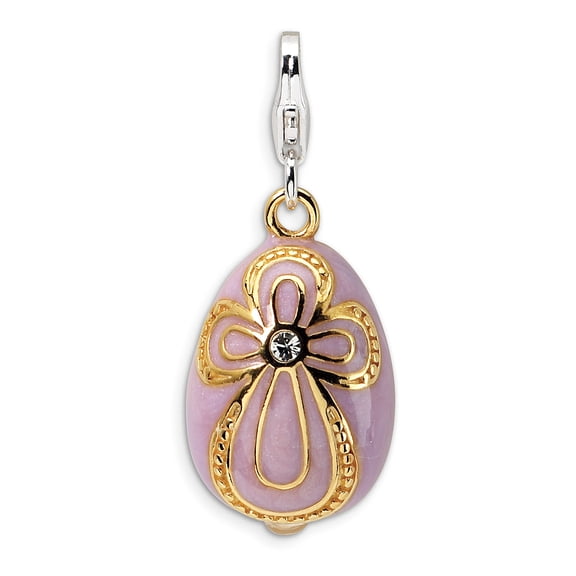 Sterling Silver Amore La Vita and Polished 3-D Crystal From Swarovski Enameled Pink Egg with Cross Charm Pendant Fancy Lobster Clasp