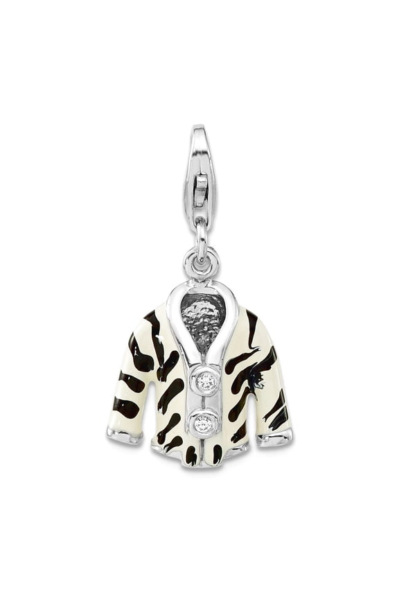 925 Sterling Silver Fancy Lobster Closure Click-on Cubic Zirconia Enamel Zebra Jacket Charm 25x14mm Pendant Necklace for
