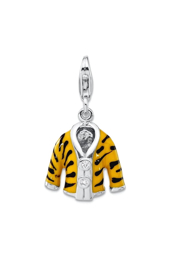 925 Sterling Silver Fancy Lobster Closure Click-on Cubic Zirconia Enamel Tiger Jacket Charm 25x14mm Pendant Necklace for
