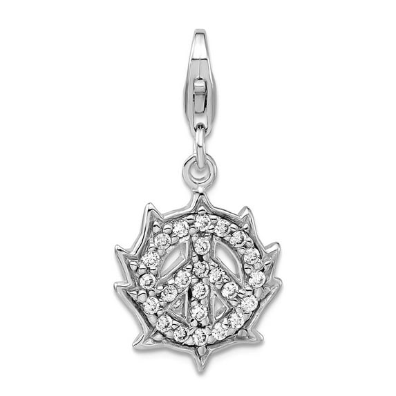 925 Sterling Silver Fancy Lobster Closure Click-on Cubic Zirconia Peace Sign Charm 27x14mm Pendant Necklace for Women