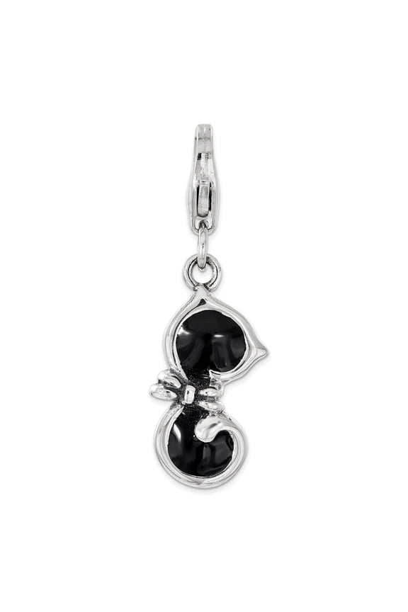 Amore La Vita  Sterling Silver Rhodium-plated Polished 3-D Black Enameled Cat Charm with Fancy Lobster Clasp