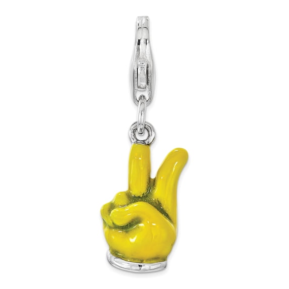 Amore La Vita Sterling Silver Rhodium-plated Polished 3-D Yellow Enameled Hand with Peace Sign Charm with Fancy Lobster Clasp
