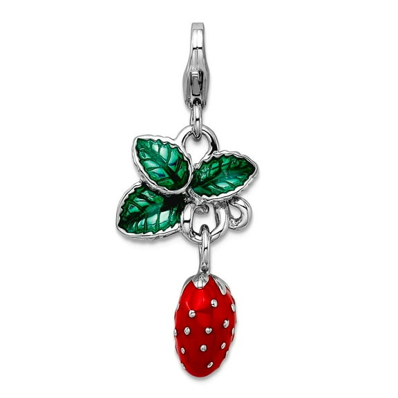 925 Sterling Silver Polished Fancy Lobster Closure 3-D Enameled Strawberry With Lobster Clasp Charm 32x13mm Pendant Neck