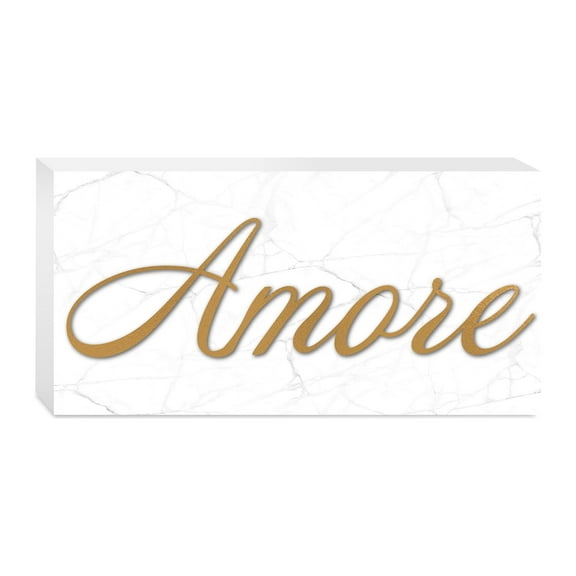 Amore Marbled White Golden Honey 10 x 5 Wood Tabletop Sign Plaque