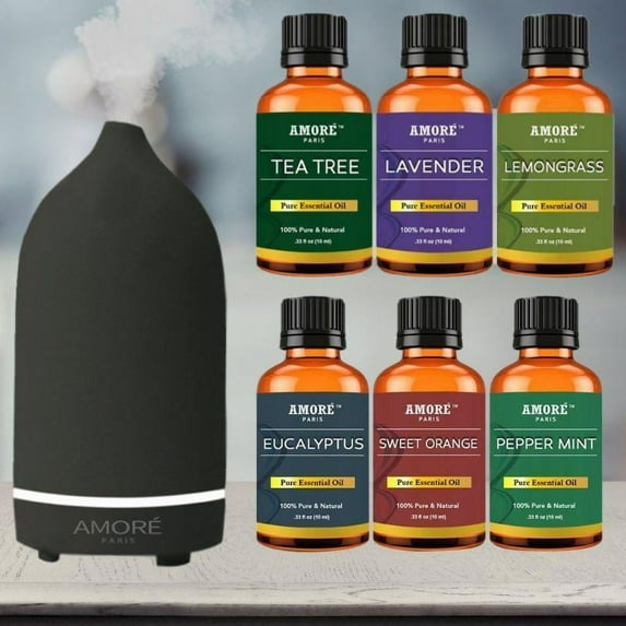 Amore' Paris Ultrasonic Aromatherapy Oil Diffuser and Essential Oils Set - 7 Piece Set Stone