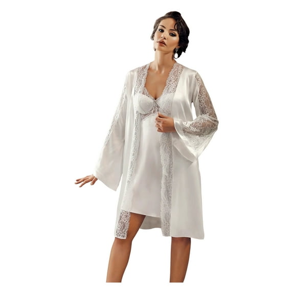 Amore XY Women's Luxe Satin Lace Robe Chemise Set