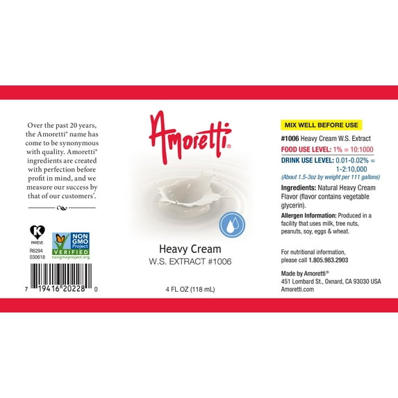 Amoretti - Heavy Cream Extract Water Soluble 8 lbs - Highly Concentrated & Perfect For Pastry, Savory, Brewing, and more, Preservative Free, Vegan, Kosher Pareve, Keto Friendly