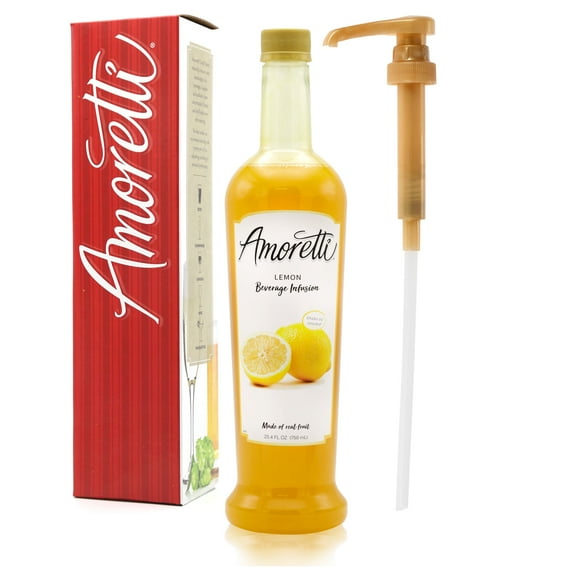 Amoretti - Lemon Beverage Infusion, 94 Servings Per Bottle (750 ml) - Drink Mix & Water Enhancer with Pump for Flavoring Cocktails, Waters, Teas, and other Beverages, Preservative Free