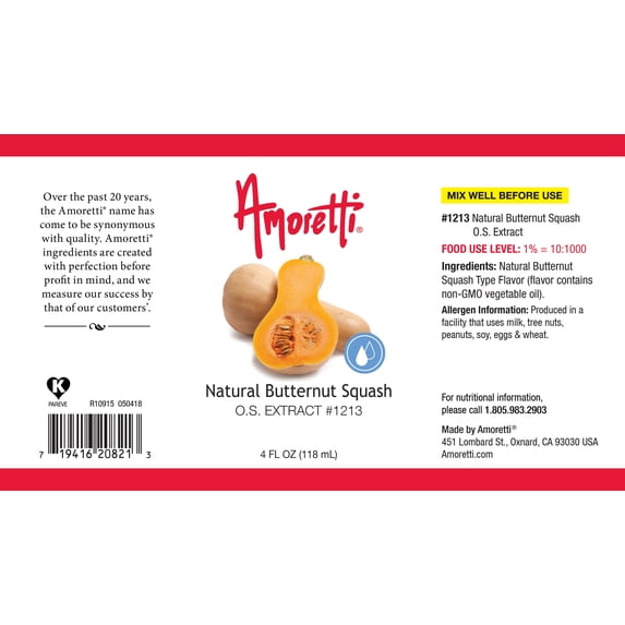 Amoretti - Natural Butternut Squash Extract Oil Soluble 4 oz - Highly Concentrated & Perfect For Pastry or Savory applications, Preservative Free, Vegan, Kosher Pareve, TTB Approved, Non-GMO