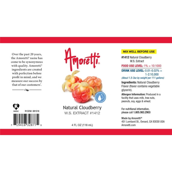 Amoretti - Natural Cloudberry Extract Water Soluble 4 oz - Highly Concentrated & Perfect For Pastry, Savory, Brewing, and more, Preservative Free, Vegan, Kosher Pareve, Keto Friendly