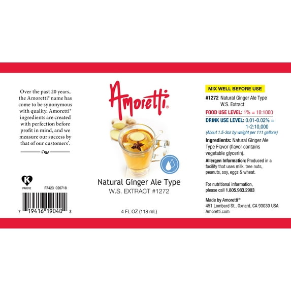 Amoretti - Natural Ginger Ale Type Extract Water Soluble 8 lbs - Highly Concentrated & Perfect For Pastry, Savory, Brewing, and more, Preservative Free, Vegan, Kosher Pareve, Keto Friendly