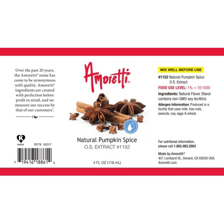Amoretti - Natural Pumpkin Spice Extract Oil Soluble 2 oz - Highly Concentrated & Perfect For Pastry or Savory applications, Preservative Free, Vegan, Kosher Pareve, TTB Approved, Non-GMO