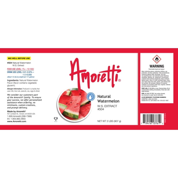 Amoretti - Natural Watermelon Extract Water Soluble 55 lbs - Highly Concentrated & Perfect For Pastry, Savory, Brewing, and more, Preservative Free, Vegan, Kosher Pareve, Keto Friendly
