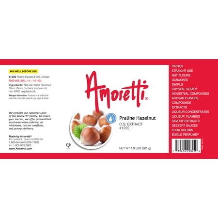 Amoretti - Praline Hazelnut Extract Oil Soluble 4 oz - Highly Concentrated & Perfect For Pastry or Savory applications, Preservative Free, Vegan, Kosher Pareve, TTB Approved, Non-GMO