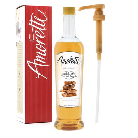 Amoretti - Premium English Toffee Syrup, 94 Servings Per Bottle (750 ml), with Pump for Flavoring Coffees, Cocktails, and other Beverages, Gluten Free, GMO/GEO Free, Preservative Free