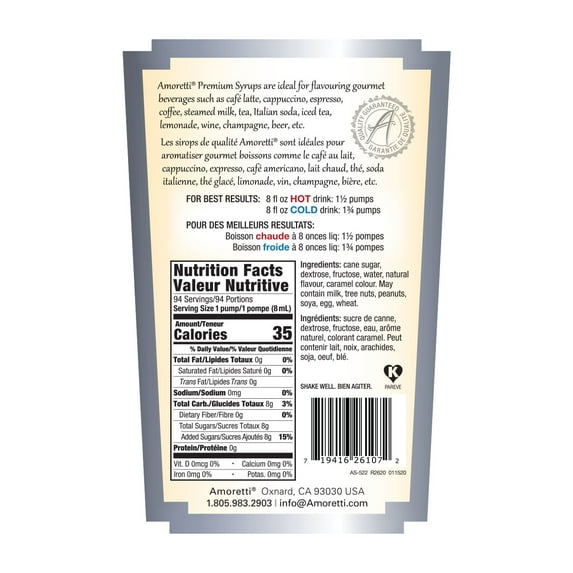 Amoretti - Premium Ginger Syrup, 94 Servings Per Bottle (750 ml), with Pump for Flavoring Coffees, Cocktails, and other Beverages, Gluten Free, GMO/GEO Free, Preservative Free