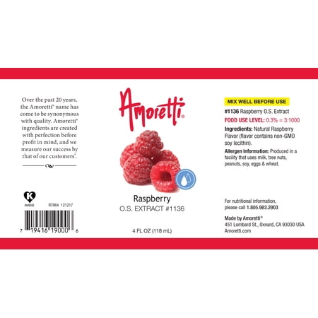Amoretti - Raspberry Extract Oil Soluble 4 oz - Highly Concentrated & Perfect For Pastry or Savory applications, Preservative Free, Vegan, Kosher Pareve, TTB Approved, Non-GMO