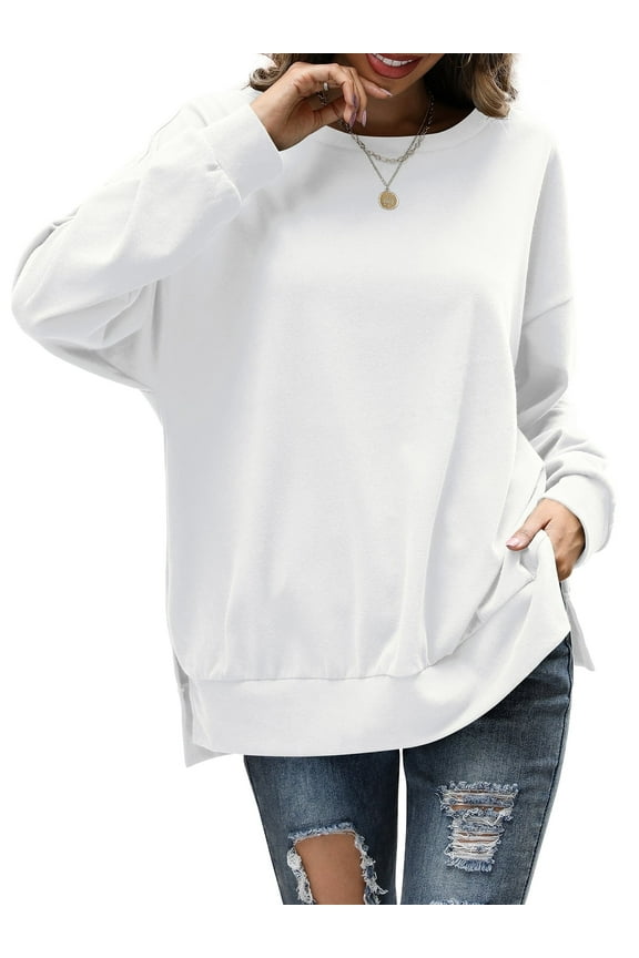 Crewneck Sweatshirt Women Tunic Oversized Drop Shoulder Tops, White XL