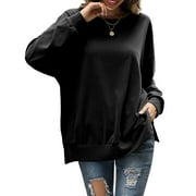 Amoretu Crewneck Sweatshirt Women Tunic Shirt Oversized Drop Shoulder Tops, Black XL