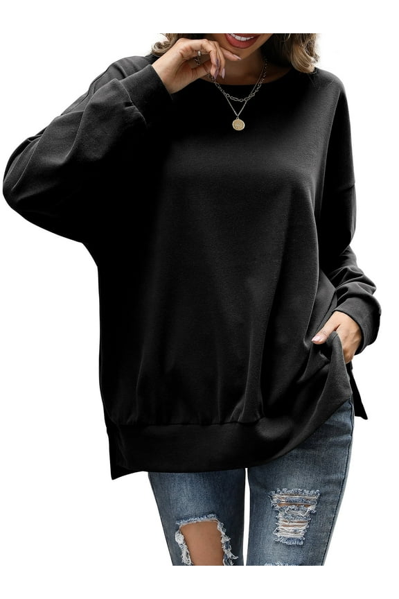 Crewneck Sweatshirt Women Tunic Shirt Oversized Drop Shoulder Tops, Black XL
