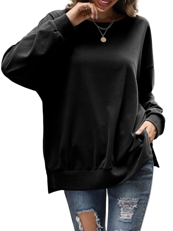 Crewneck Sweatshirt Women Tunic Shirt Oversized Drop Shoulder Tops, Black XL