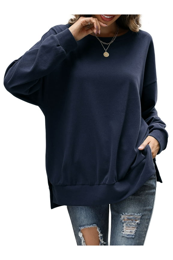 Crewneck Sweatshirt Women Tunic Shirt Oversized Drop Shoulder Tops Navy 3XL