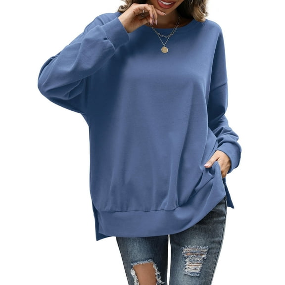 Fancyglim Sweatshirts for Women Crew Neck Long Sleeve Pullover Tops Haze Blue L