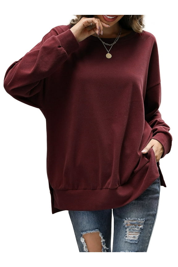 Sweatshirts for Women Crew Neck Long Sleeve Pullover Tops Wine Red 3XL