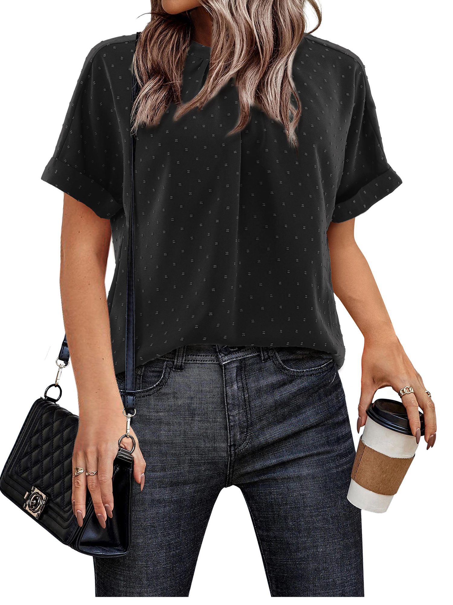 Amoretu Swiss Dot Tops for Womens Summer Crewneck Roll Up Short Sleeve Tunic Shirts Casual Work Office Blouse Shirt Black XL - image 1 of 5