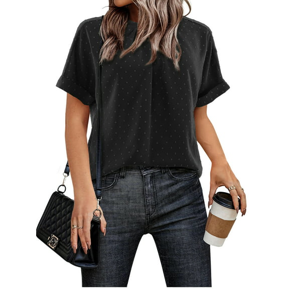 Amoretu Swiss Dot Tops for Womens Summer Crewneck Roll Up Short Sleeve Tunic Shirts Casual Work Office Blouse Shirt Black XL
