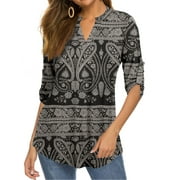Fancyglim Women 3/4 Roll Sleeve Tunic Top V Neck Casual Blouse Shirt Black 2xl