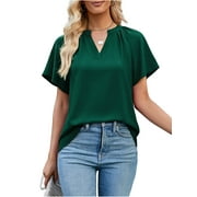 FANCYGLIM Women Casual Tops Office Tshirt Summer V Neck Tshirt Green XL