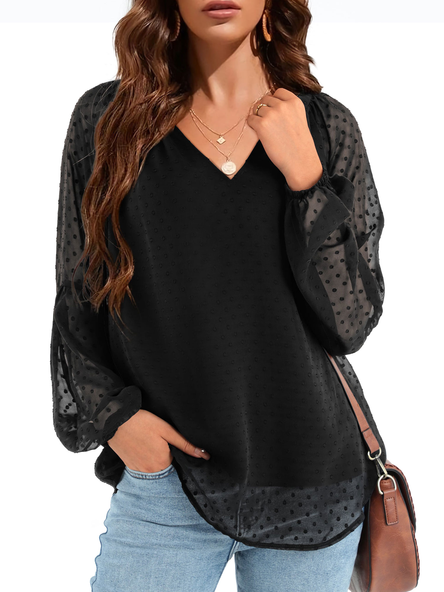 Amoretu Women Chiffon Blouses V Neck Lantern Long Sleeve Tops Shirts Black L - image 1 of 5