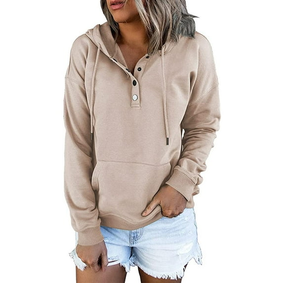 Amoretu Women Hooded Pullover Sweatshirts with Buttons Loose Tops, Apricot XL