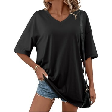 Amoretu Women Oversized T Shirts Half Sleeve V Neck Cozy Tunic Tops Black S