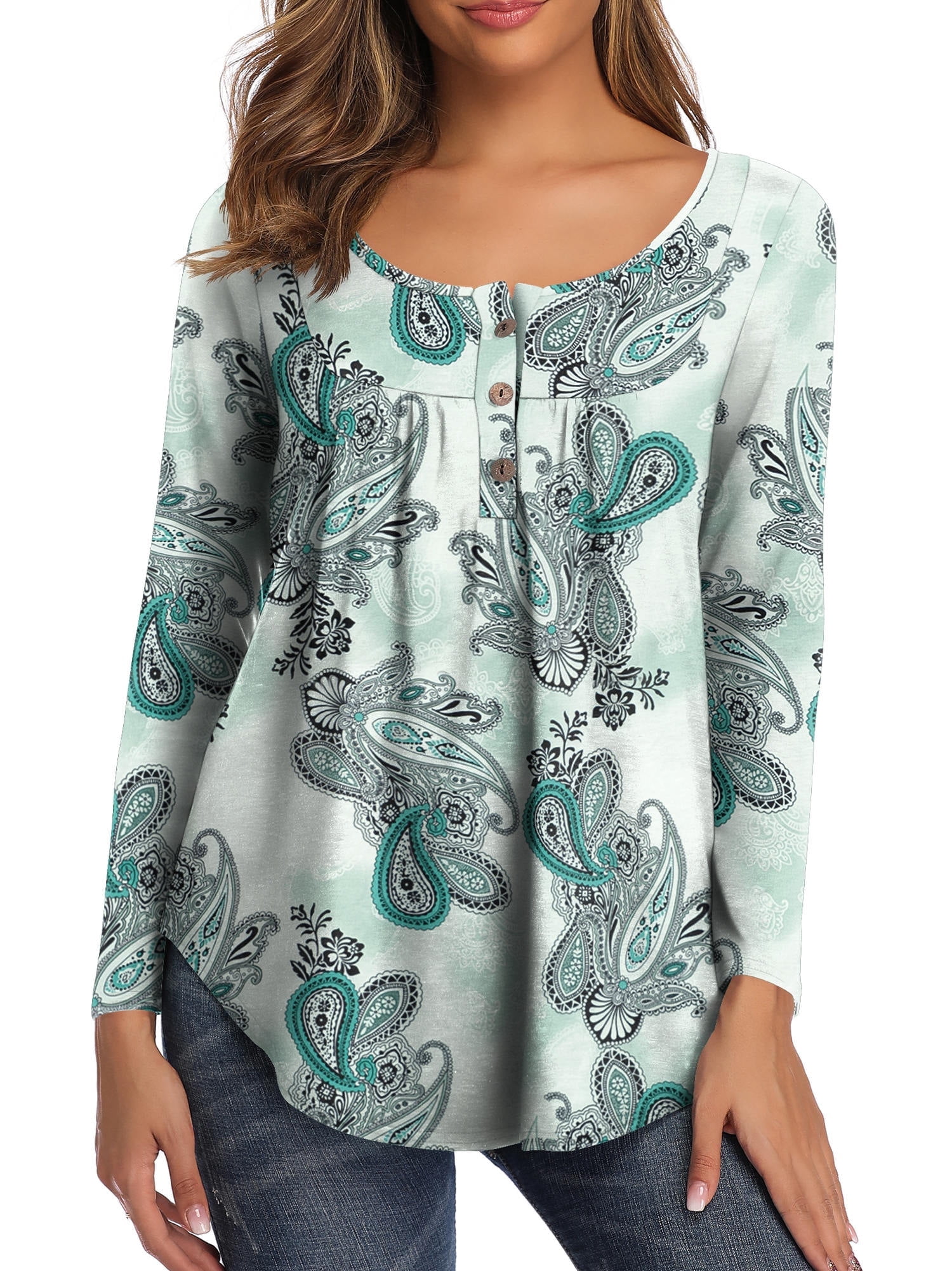 Amoretu Women Plus Henley Shirt Long Sleeve Buttons Up Pleated Tunic Tops White XL