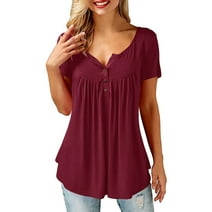 Amoretu Women Plus Size Tops Short Sleeve Casual Henley Shirts Burgundy 3XL