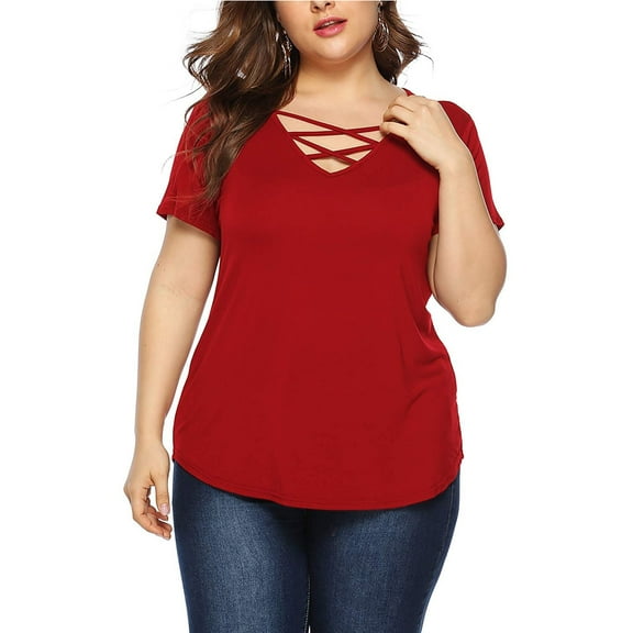 Fancyglim Women Plus Size V Neck Tops Short Sleeve Criss Cross Tshirt Red 5XL