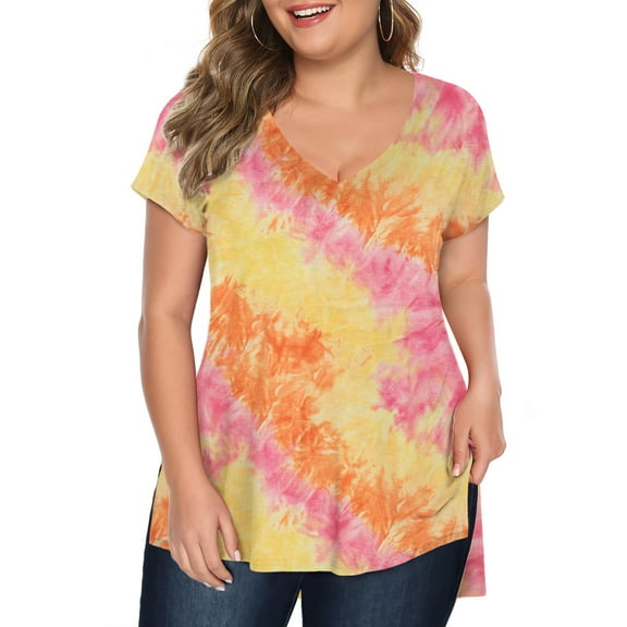 Fancyglim Women Plus Tops Tie Dye T Shirts V Neck Short Sleeve Blouse Orange L