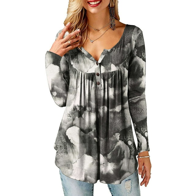 Amoretu Women Plus Tunic Long Sleeve V Neck Henley Printed Shirt Flowy ...