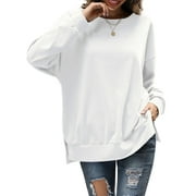FANCYGLIM Women Round Neck Sweatshirt Long Sleeve Oversized Blouse, White 2XL