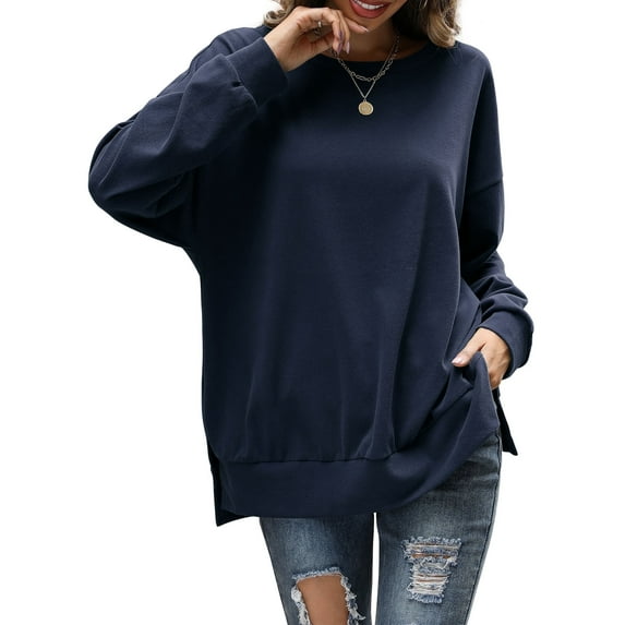 Fancyglim Women Round Neck Tunic Blouse Long Sleeve Casual Top, Navy XL