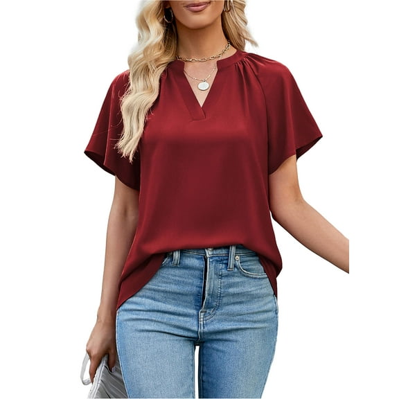 Fancyglim Women Short Sleeve Blouse Notch V Neck Summer Tops Burgundy L