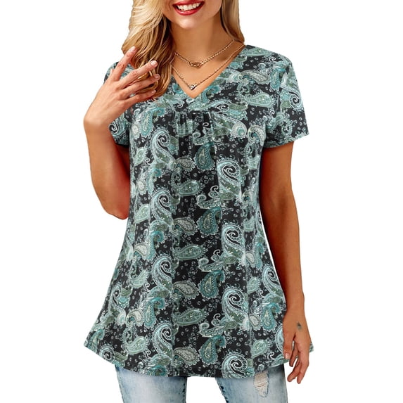 Amoretu Women Short Sleeve Shirt Flowy Tunic Top Casual Paisley Blouse Black L
