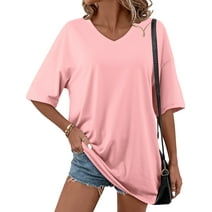 Amoretu Women Short Sleeve T-Shirt Plain V Neck Oversized Tops Blouse Pink S